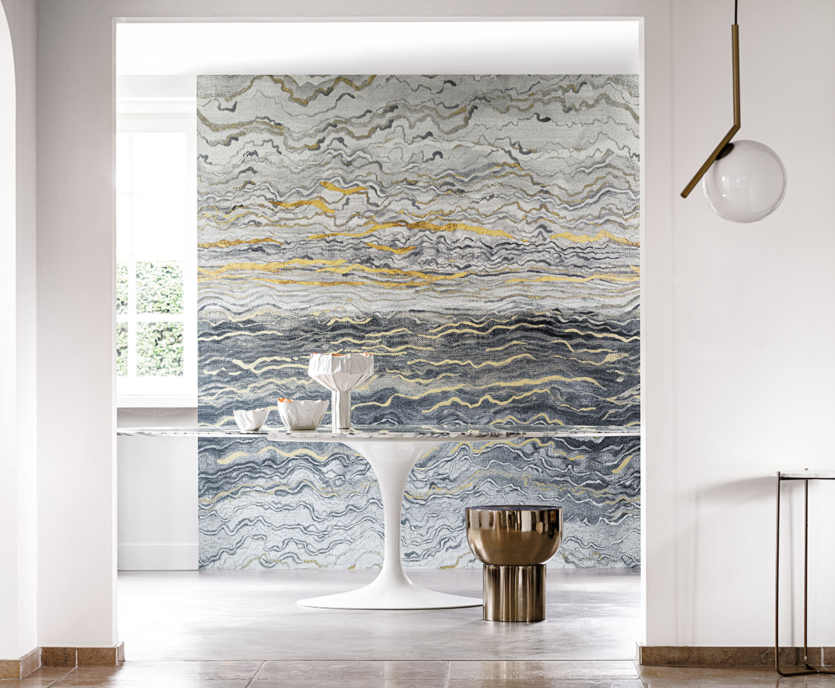 Papier peint panoramique Pierre Azurite bleu et doré - Alliages de Casamance | Réf. CAS-75064192