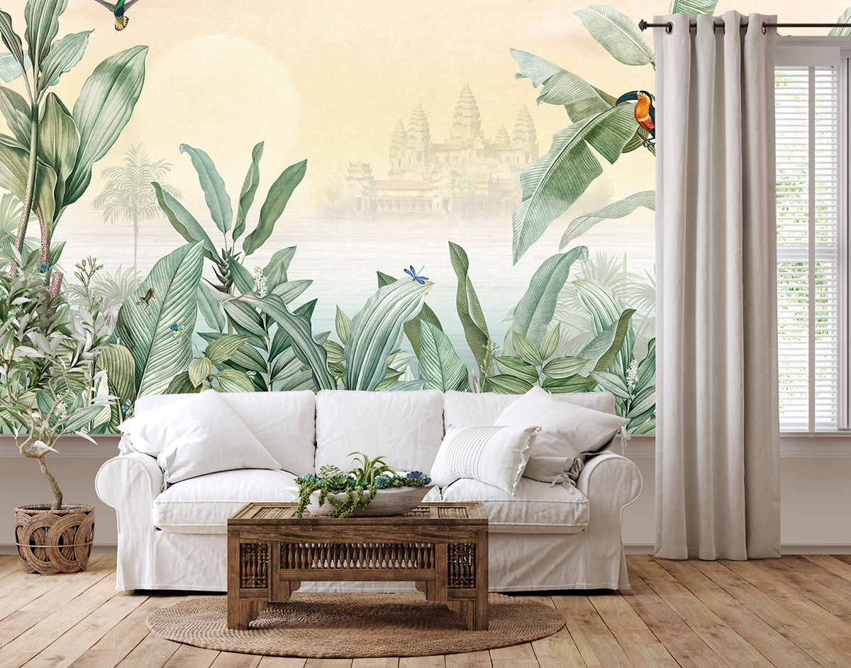 Papier peint panoramique Tropical Angkor vert - Panorama 2 de Lutèce | Réf. LTC-PAN1471C
