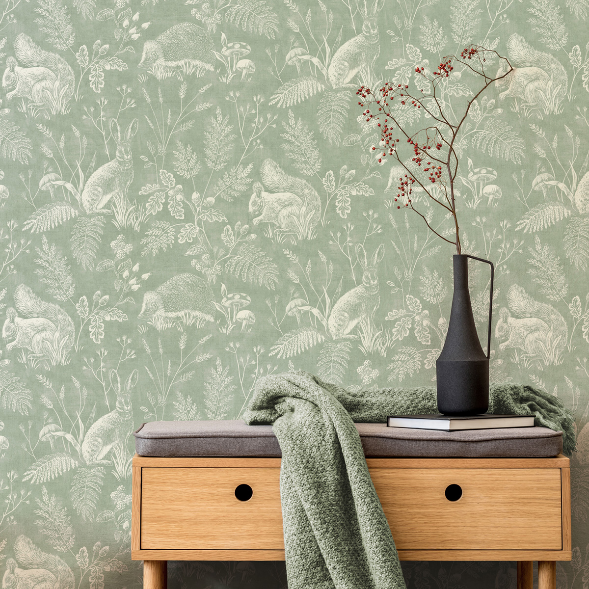 Papier peint Toile de Jouy Animaux Woodland vert - Beaux Arts de Lutèce | Réf. LTC-M1801