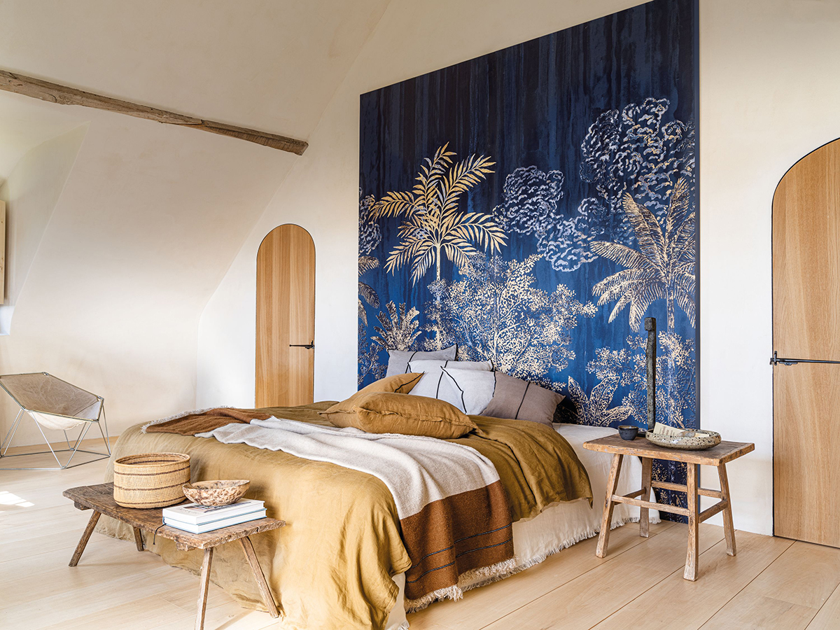 Papier peint panoramique Jungle Oasis Siwa bleu et doré - Mirage de Casamance | Réf. CAS-75292344