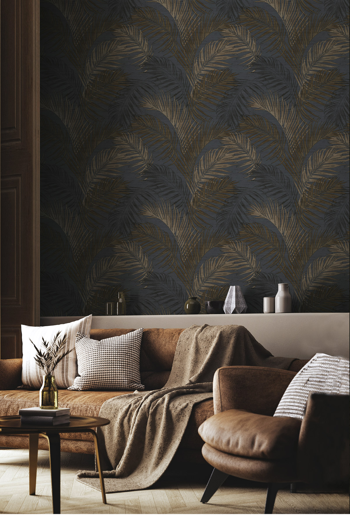 Papier peint Palmes Vintage Relief bleu jean - Opera de Montecolino | Réf. MC-OP33316