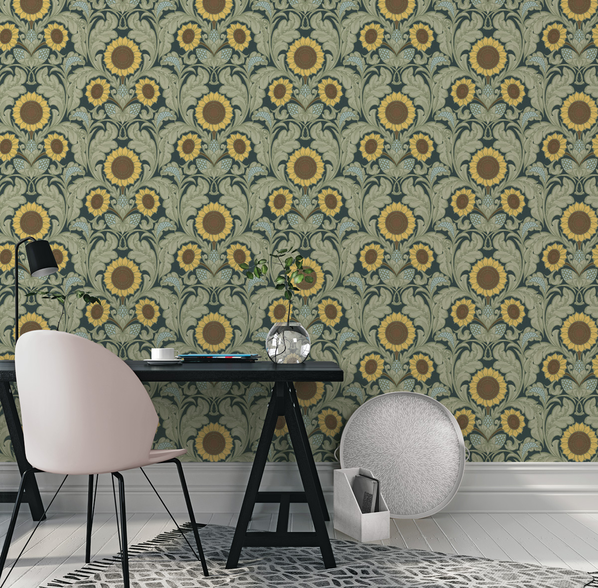 Papier peint Médaillon Tournesol Vintage vert jaune - The Wall Llewelyn-Bowen de Lutèce | Réf. LTC-LB25152