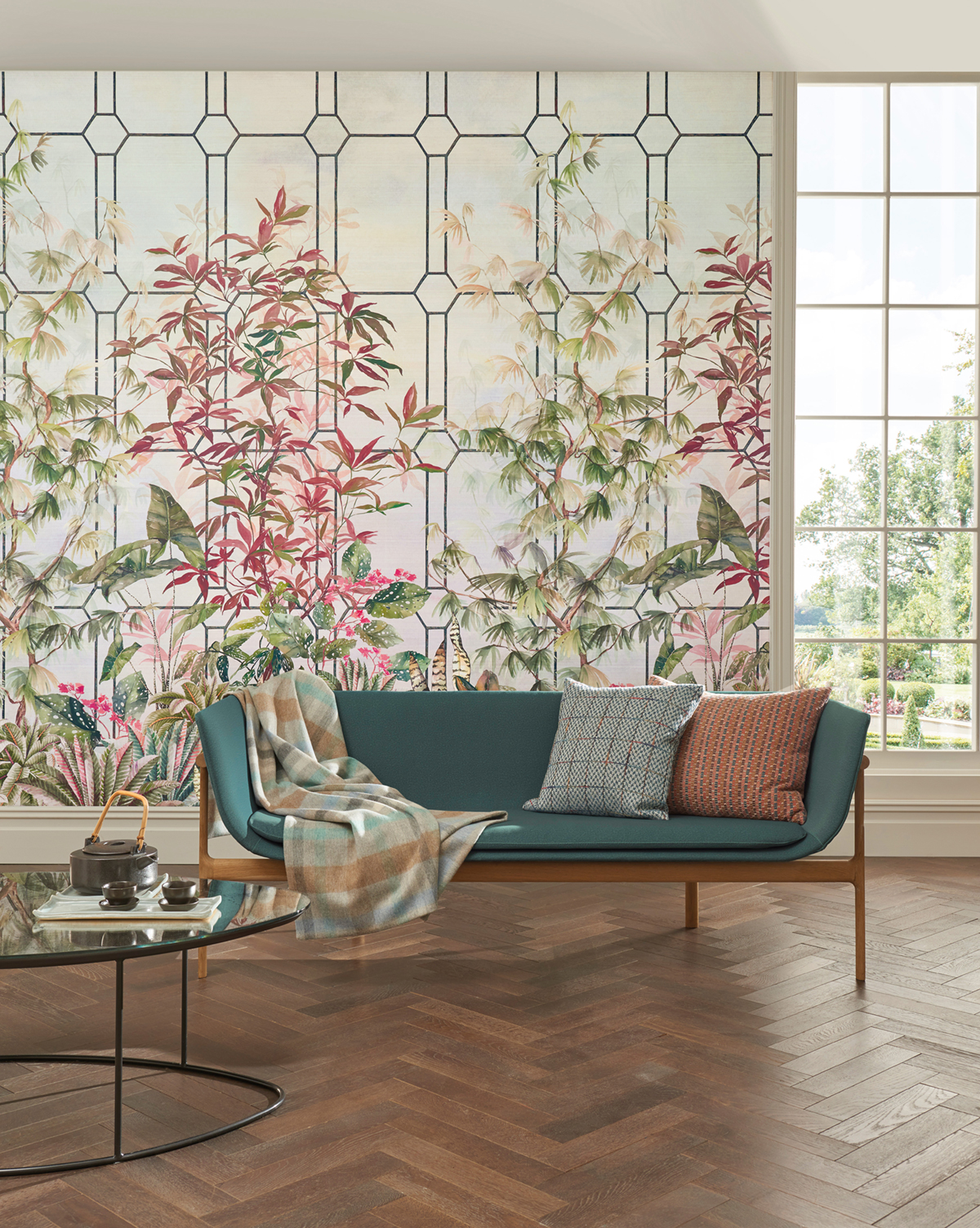 Papier peint panoramique Verrière Katsura Olive/Coral/Charcoal - Empyrea d'Osborne & Little AMB5 | Réf. OSB-W7611-01