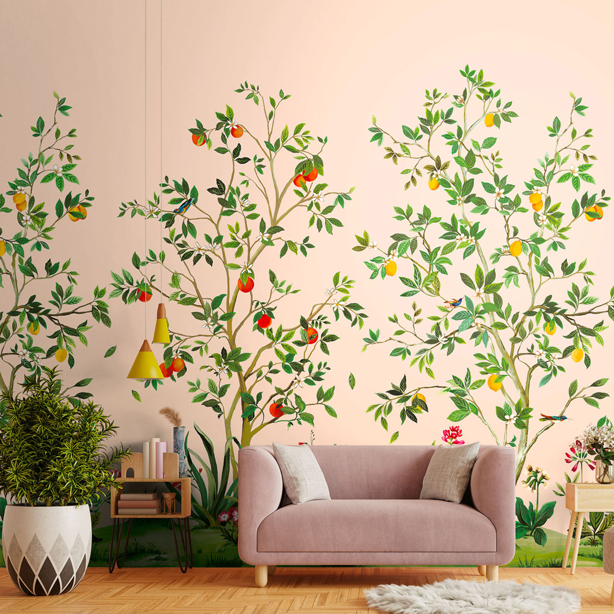 Papier peint panoramique Plantation d'Agrume rose - Daisy Bennett d'Initiales | Réf. INI-DB30301M