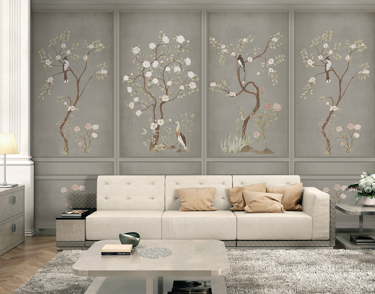 Papier peint panoramique Boiserie Fleurie gris souris - Panorama 2 de Lutèce | Réf. LTC-PAN1572C