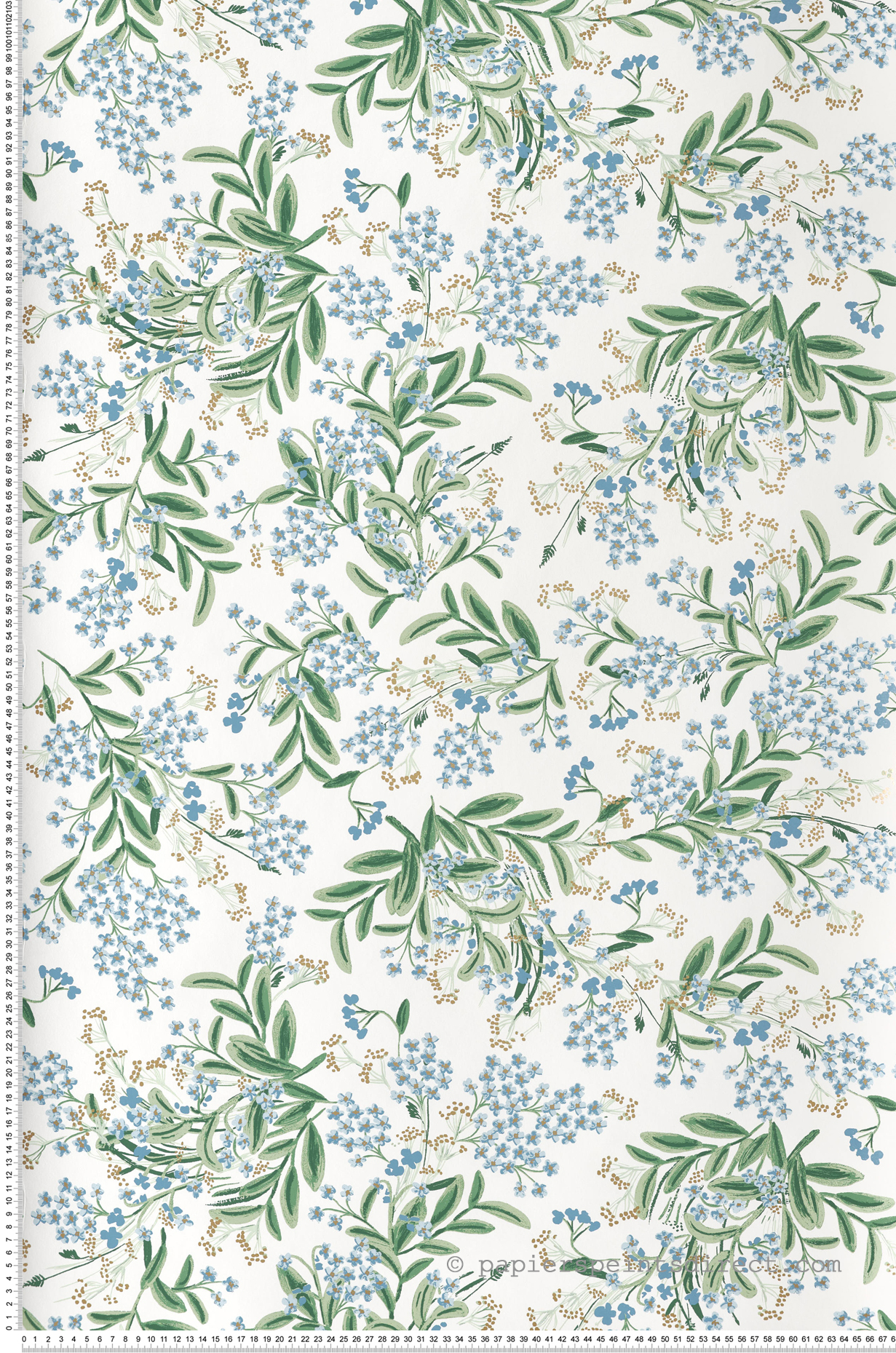 Papier peint Fleurs Myosotis vert bleu doré - Rifle Paper Co. 2 de York (Initiales) | Réf. INI-RP7382