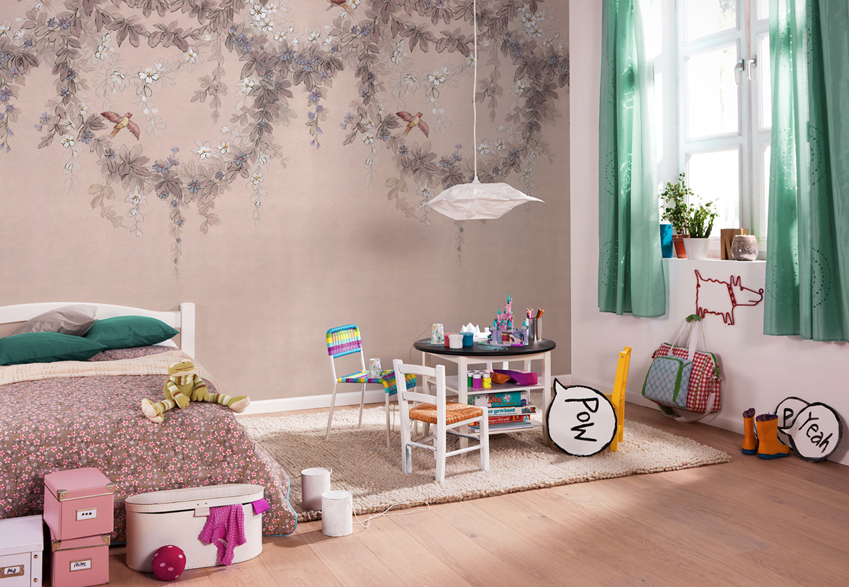 Papier peint panoramique Fleurs Oiseaux Symphony rose violet - Papier peint Komar Into Wonderland