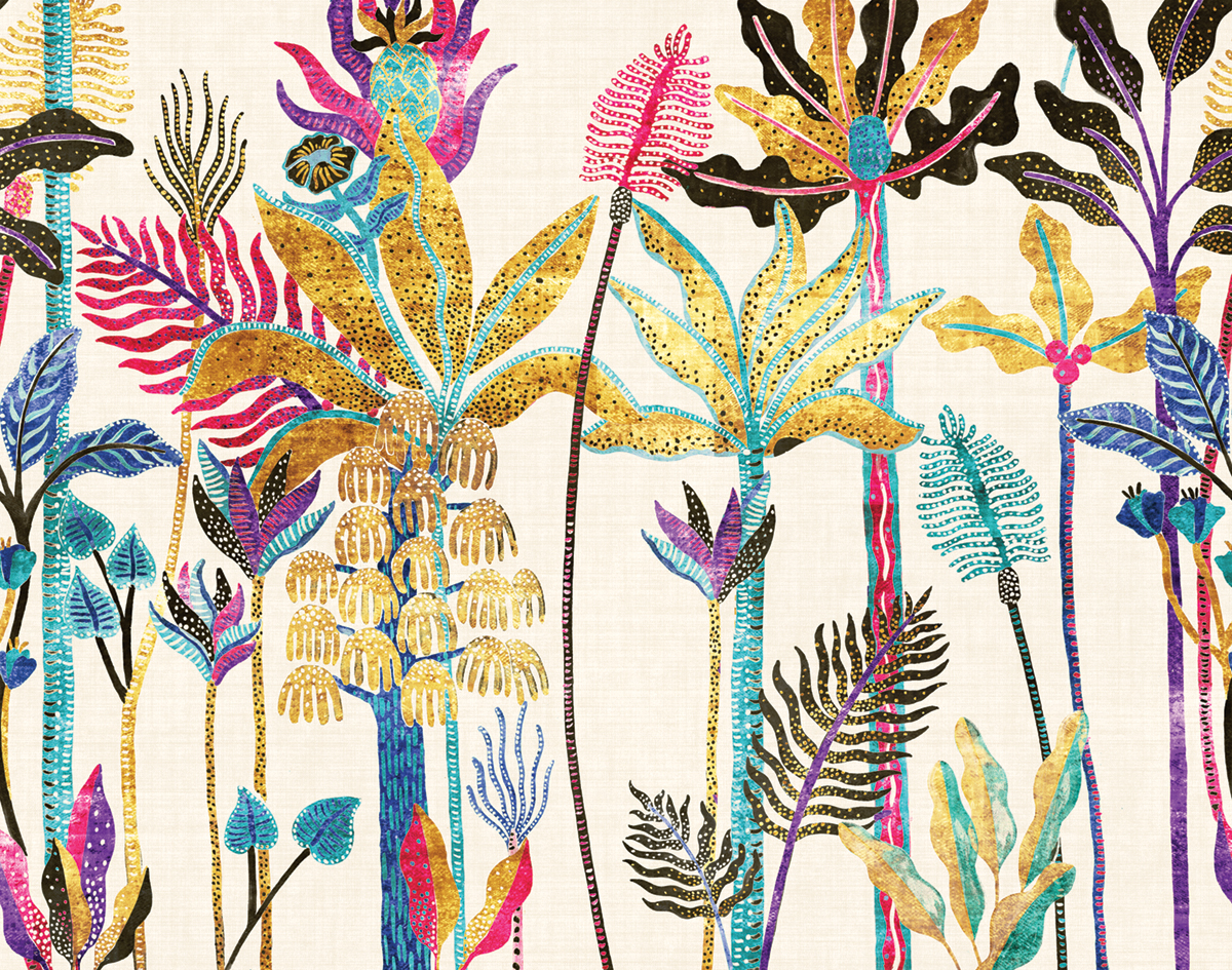 Papier peint panoramique Arbres Tropicaux Parque multicolore - A, B et C H300 - Havana de Masureel | Réf. MAS-DGHAV204X