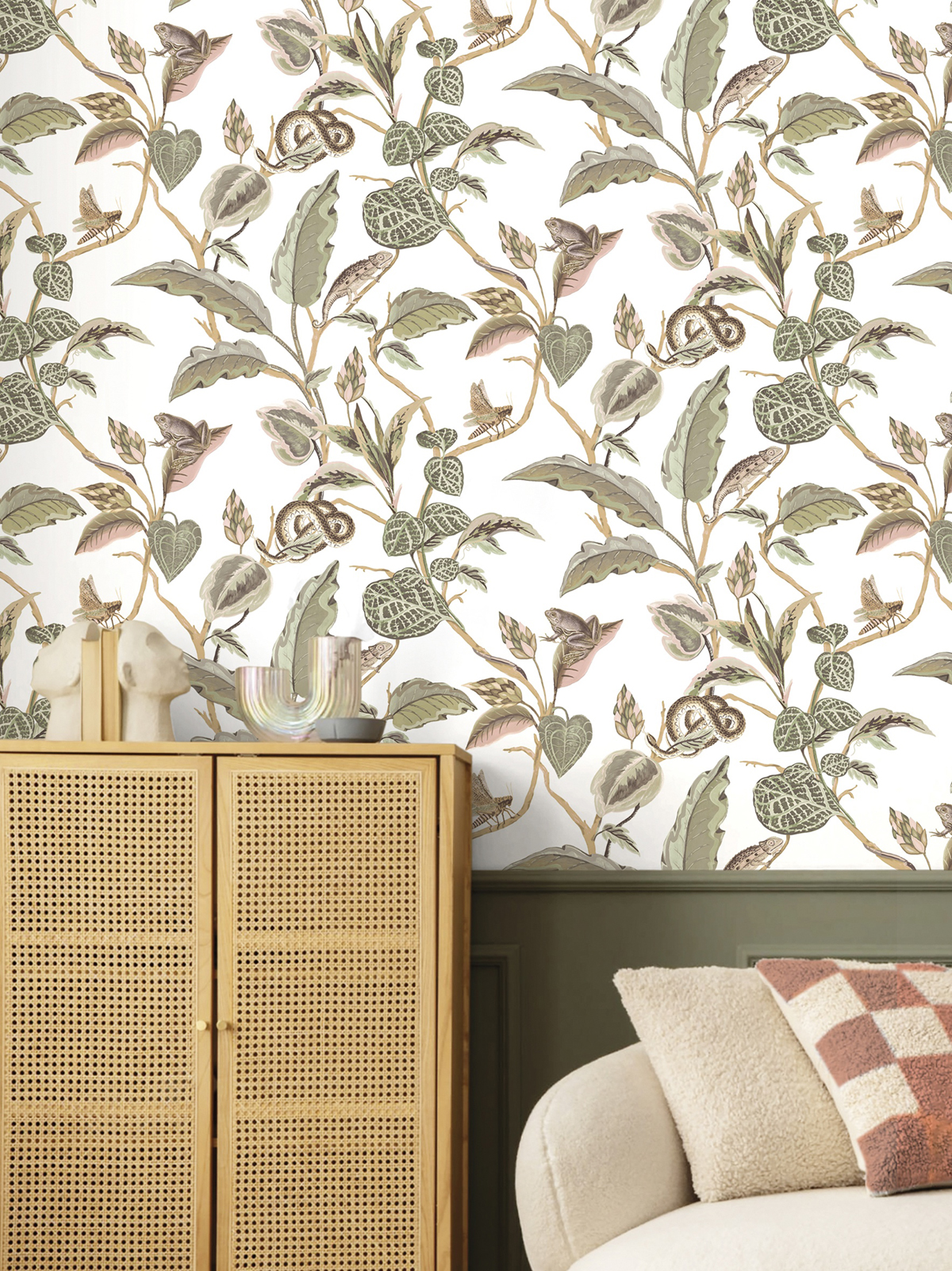 Papier peint Animaux Botanique Feuillage vert rose doré - Maison Paradis de Lutèce | Réf. LTC-MP15507