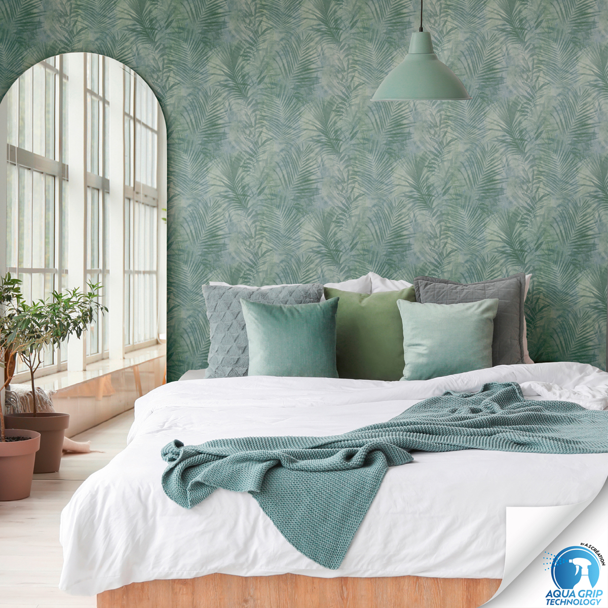 Papier peint préencollé Palme bleu vert - Designdrop d'A.S. Création AMB1 | Réf. AS-784521