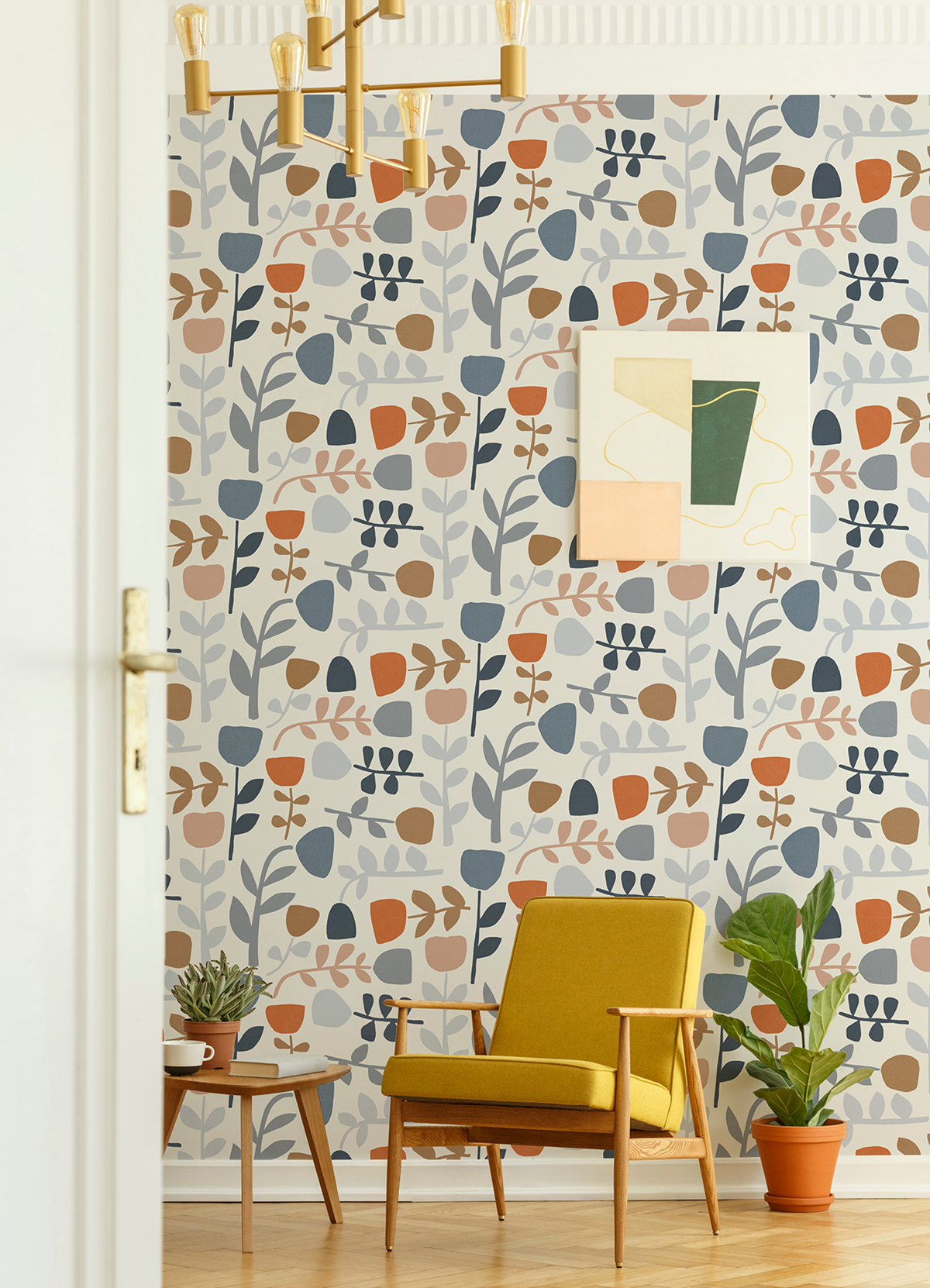 Papier peint Allover Floral Scandinave Juni orange bleu - Delicatesse de Lutèce | Réf. LTC-FD26535