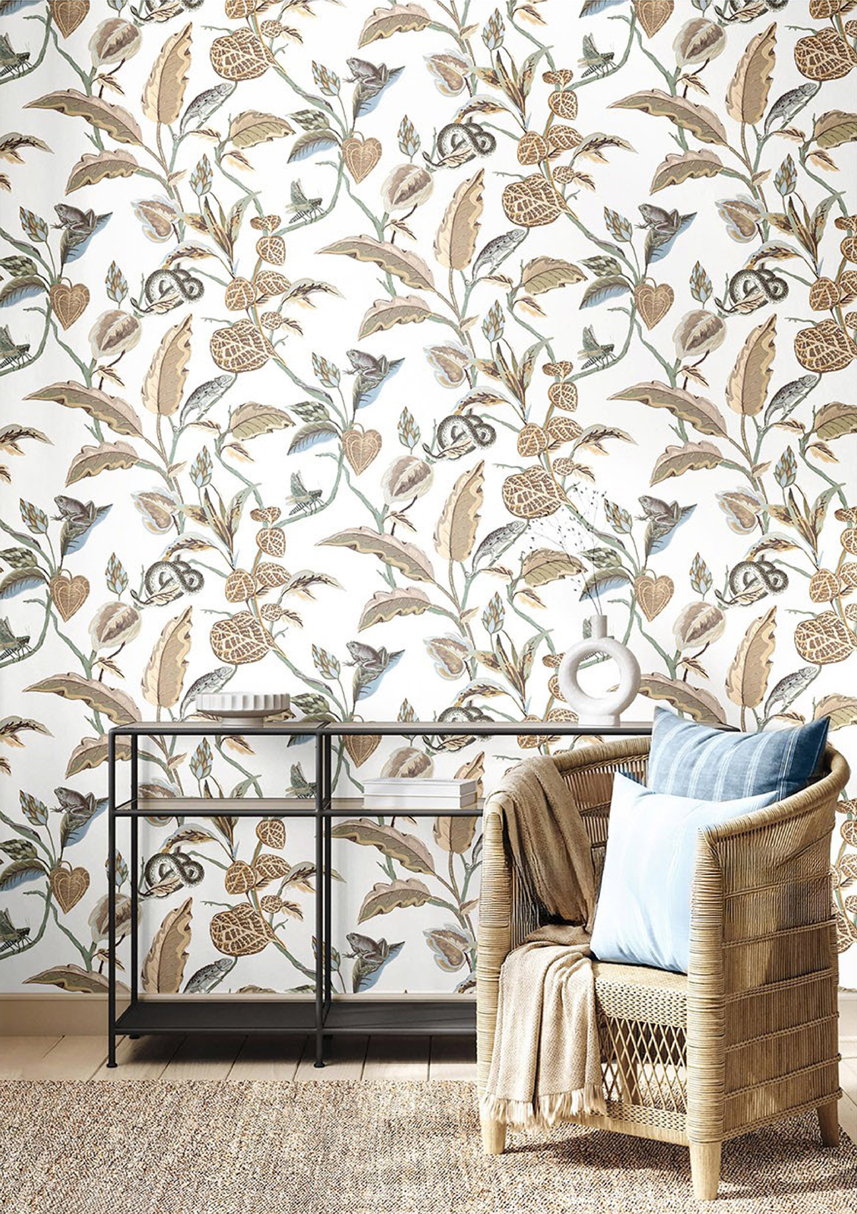 Papier peint Animaux Botanique Feuillage bleu doux doré - Maison Paradis de Lutèce | Réf. LTC-MP15506