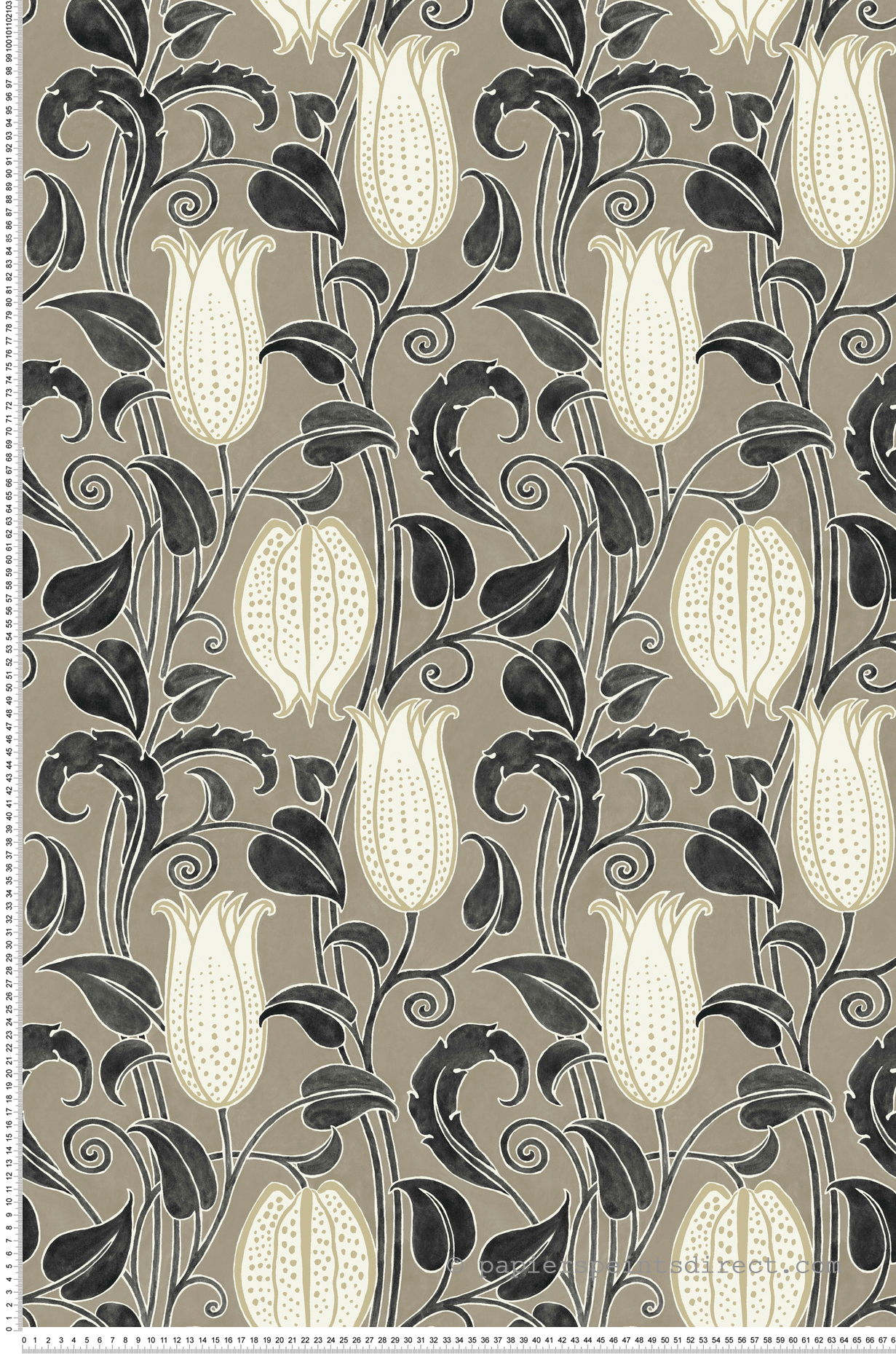 Papier peint Fleur Cloche Canterbury noir taupe doré - Arts & Crafts d'Initiales | Réf. INI-AC9206