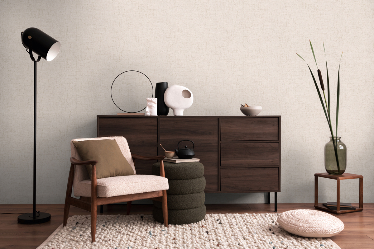 Papier peint Uni Tissage Métallisé blanc tourterelle doré - Cosmoliving d'A.S. Création AMB3 | Réf. AS-790669