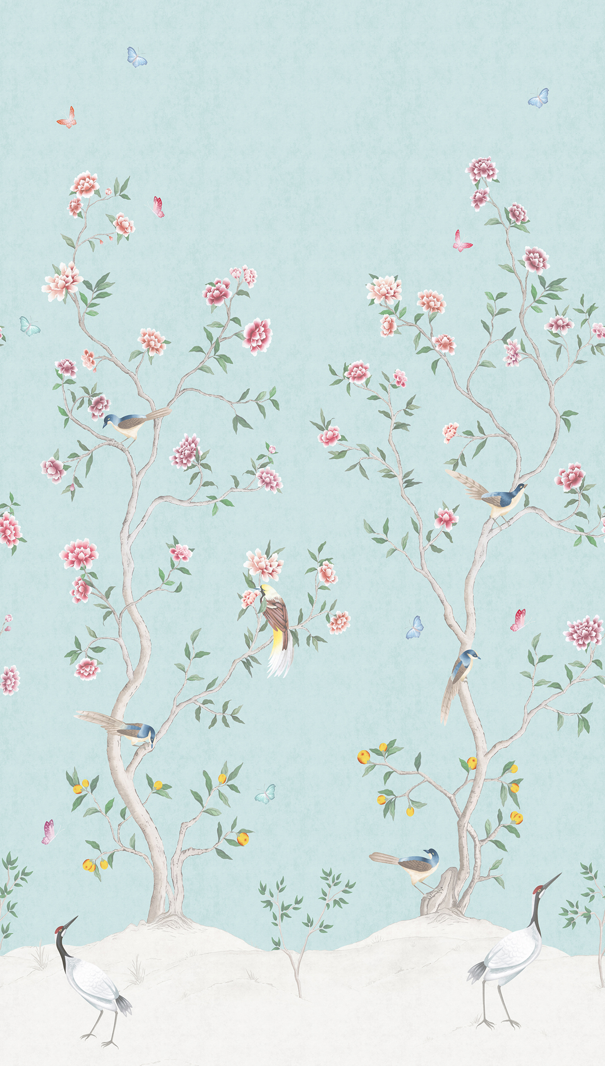Papier peint Panoramique Oiseaux Chinoiserie Fleurie bleu ciel - Romance de Lutèce | Réf. LTC-19111