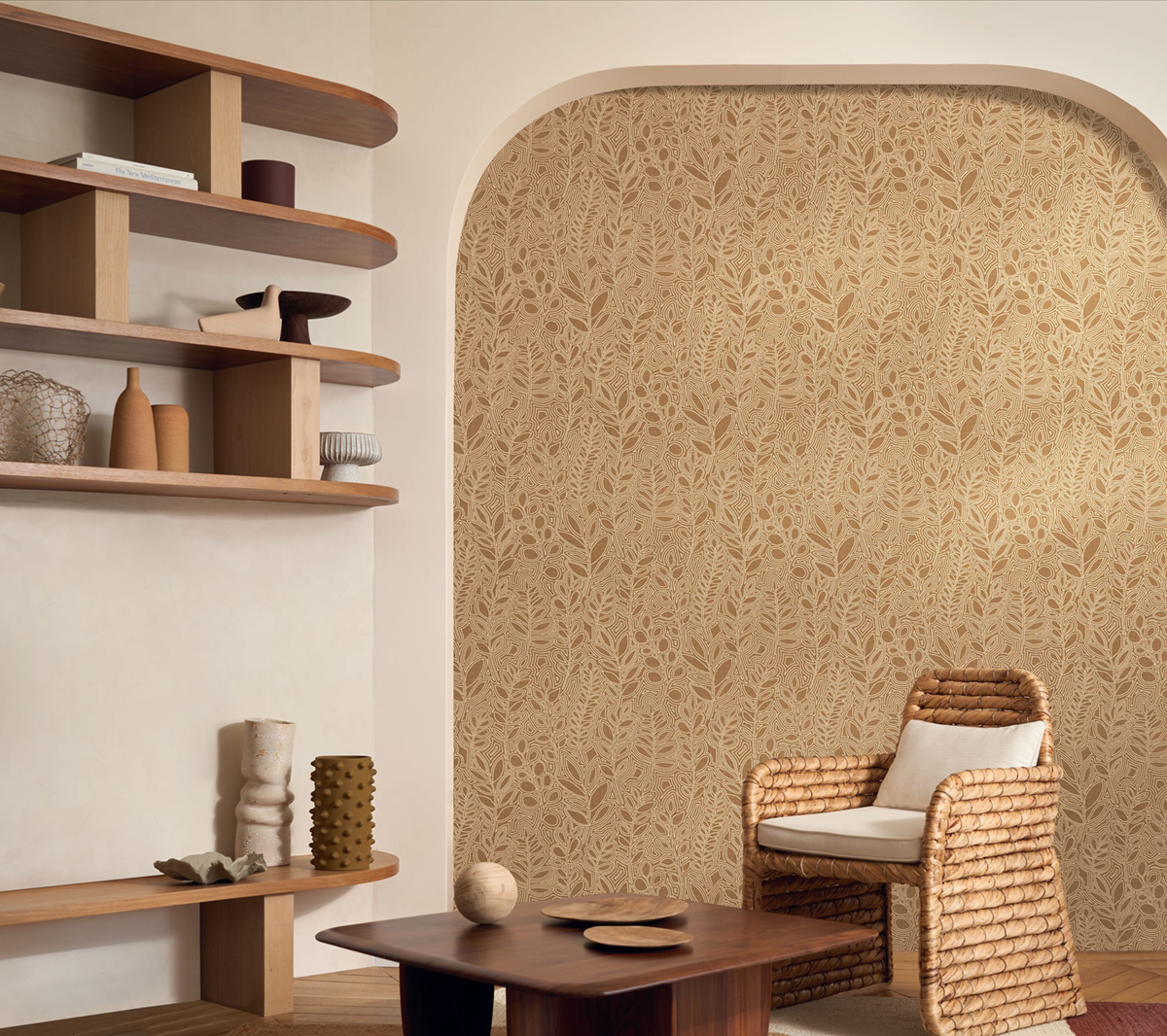 Papier peint Feuille Broderie Astragale camel - Palmadora de Casamance | Réf. CAS-76680610