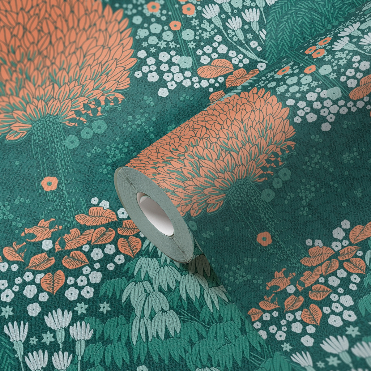 Papier peint Feuilles Arbres Giverny vert paon corail - Famous Garden d'A.S. Création AMB4 | Réf. AS-393503