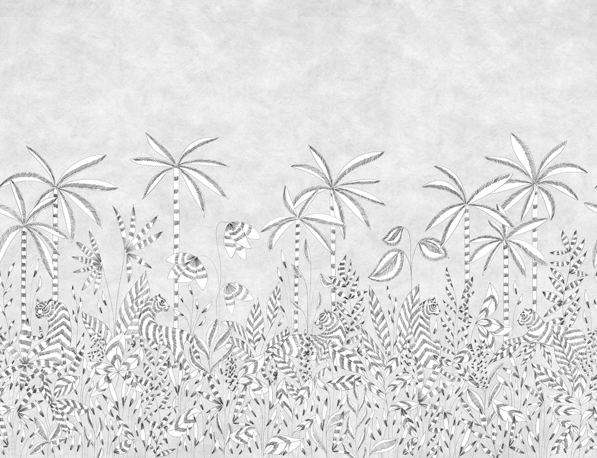 Papier peint panoramique Paradis des Tigres Grisaille A+B+C - 1/2/3/4/5/6/7/8/9 - Isidore Leroy