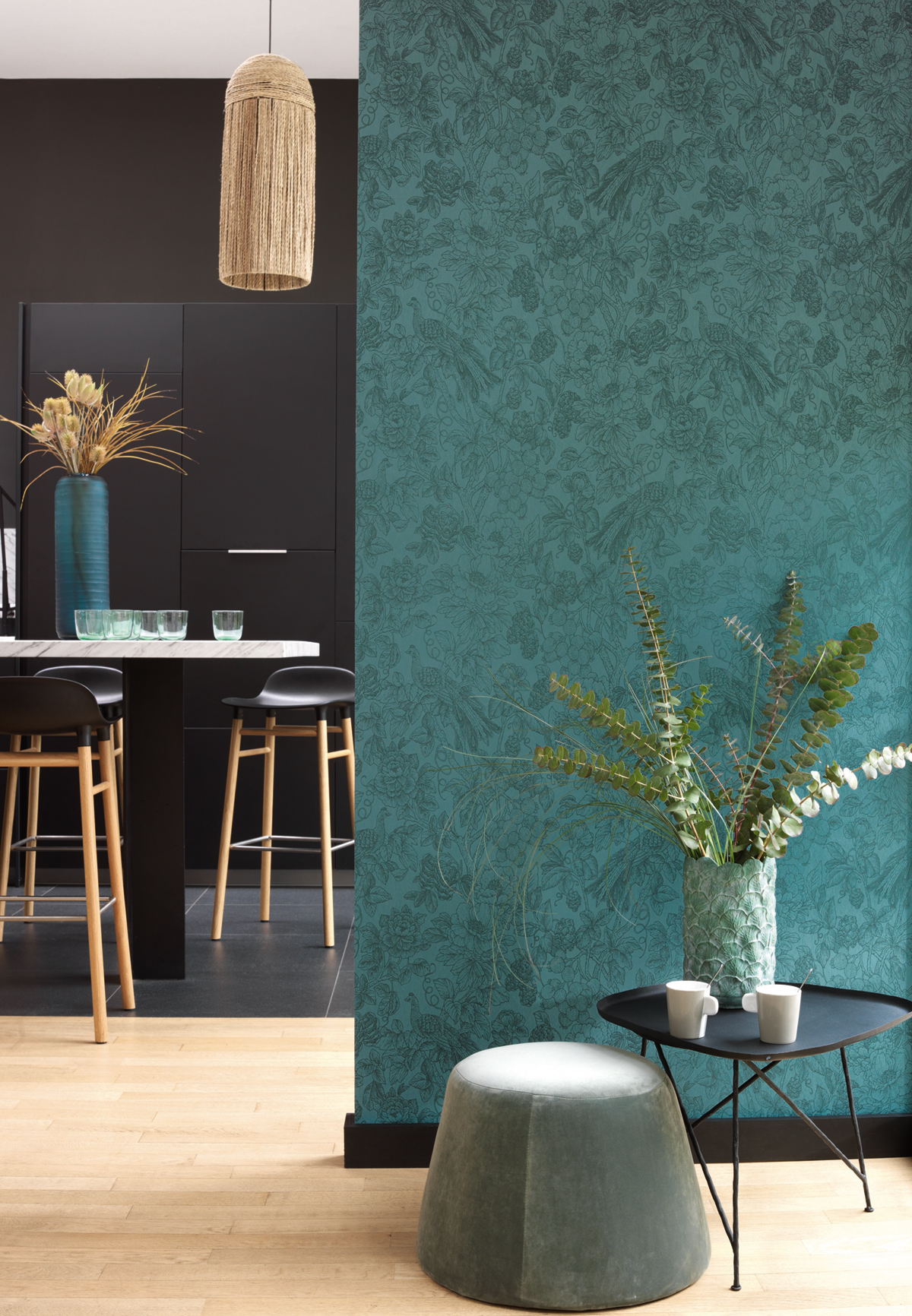 Papier peint Floral et Oiseau Feather vert émeraude - Delicacy de Casadéco AMB | Réf. DELY85366461