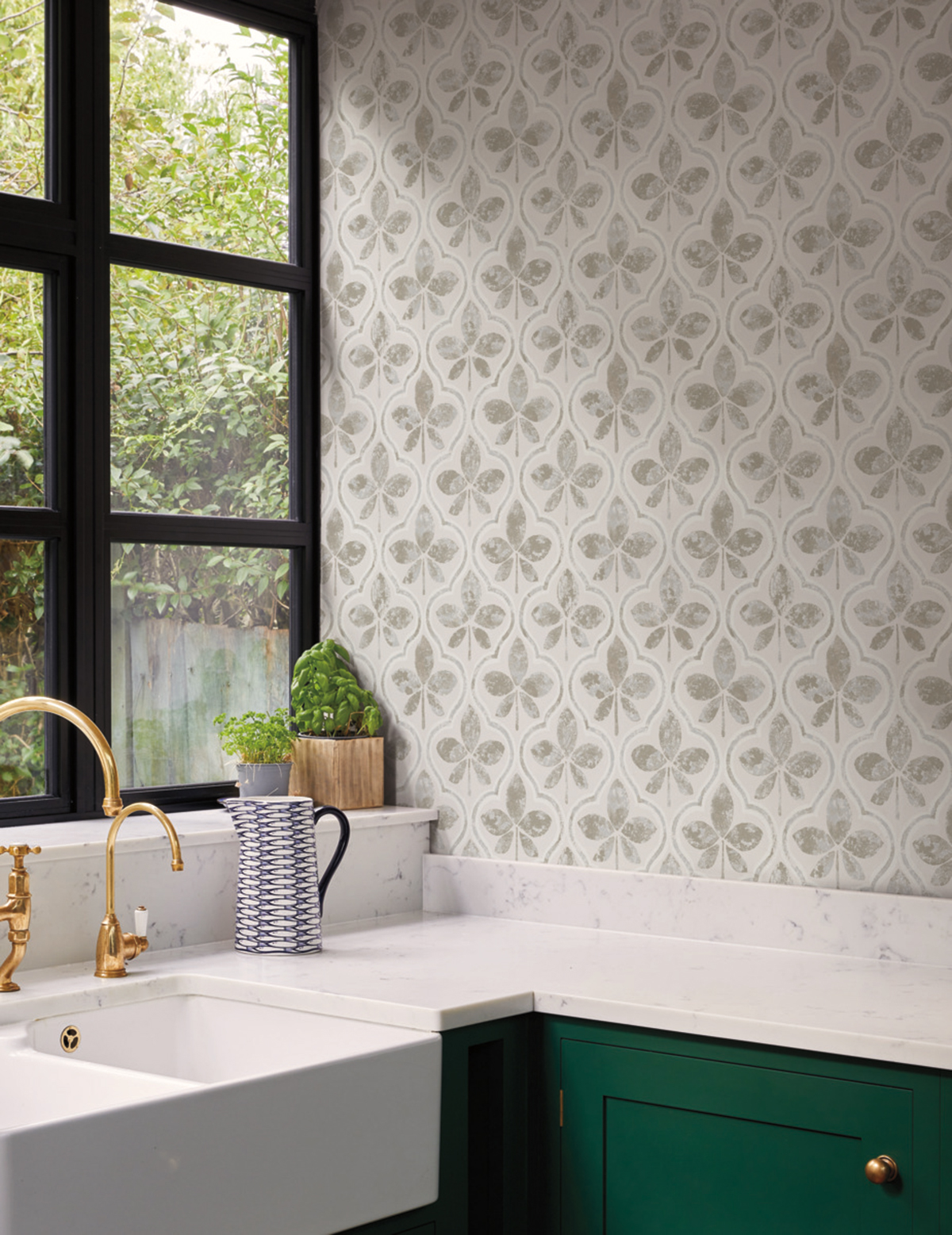 Papier peint Médaillon Feuille Séville gris - Greenhouse de York (Initiales) | Réf. INI-GO8272