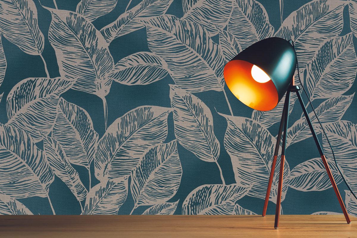 Papier peint Feuilles Stylisées Leaves bleu canard - Natural Living d'A.S. Création AMB3 | Réf. AS-386631