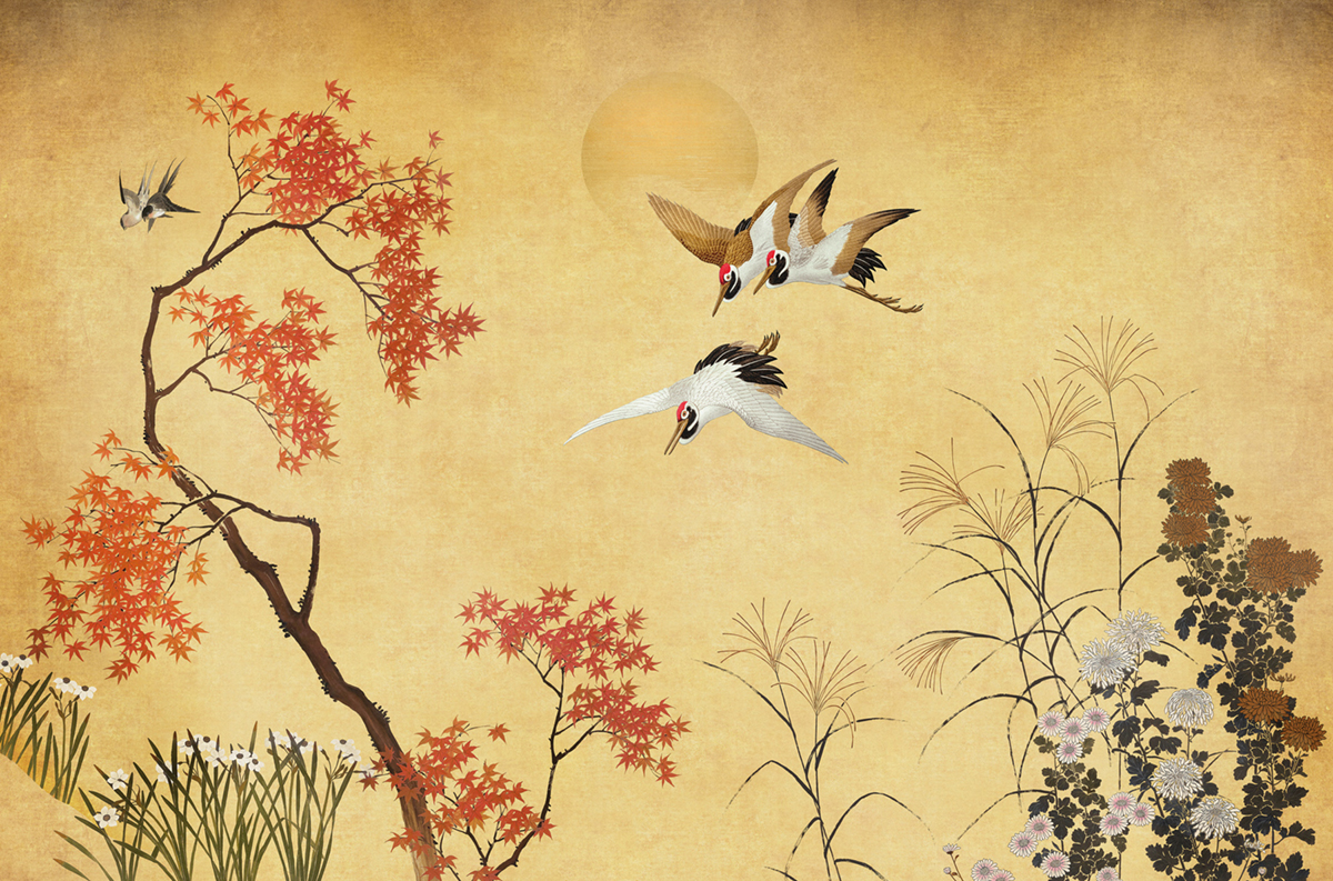 Papier peint panoramique Oiseau Crisantemos ocre - Panorama 2 de Lutèce | Réf. LTC-PAN1591C