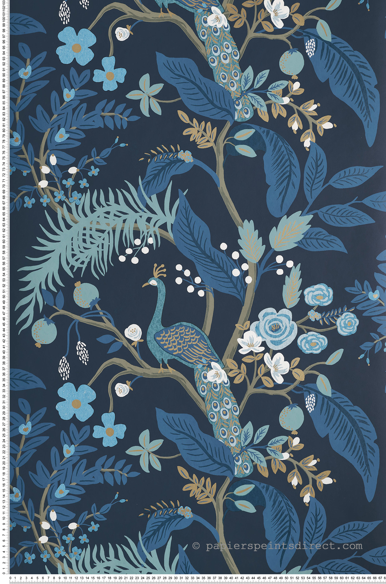 Papier peint Nature Peacock bleu - Rifle Paper Co. d'Initiales | Réf. INI-RI5172