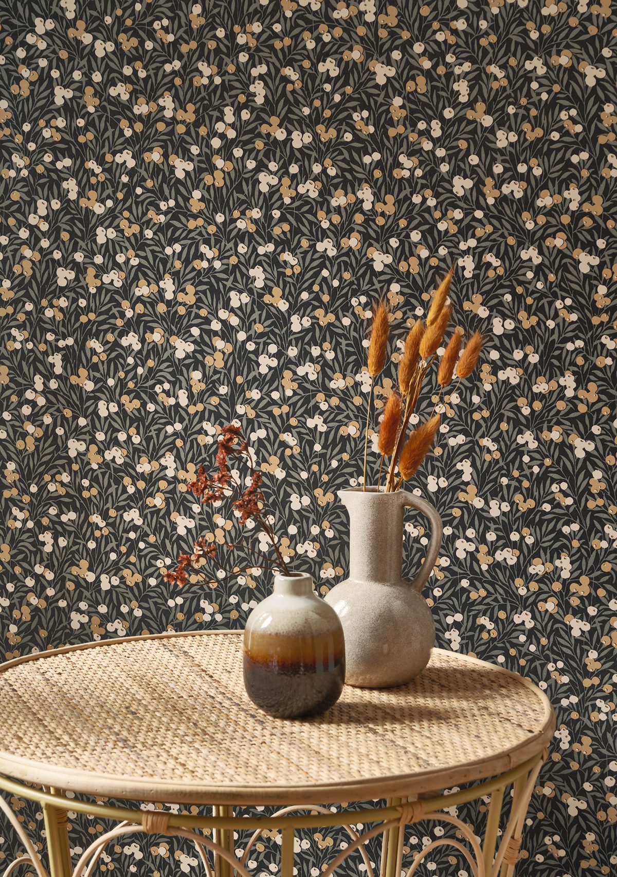 Papier peint Feuillage Cherry noir beige - Flower Market de Casadéco AMB2 | Réf. FLOM89229525