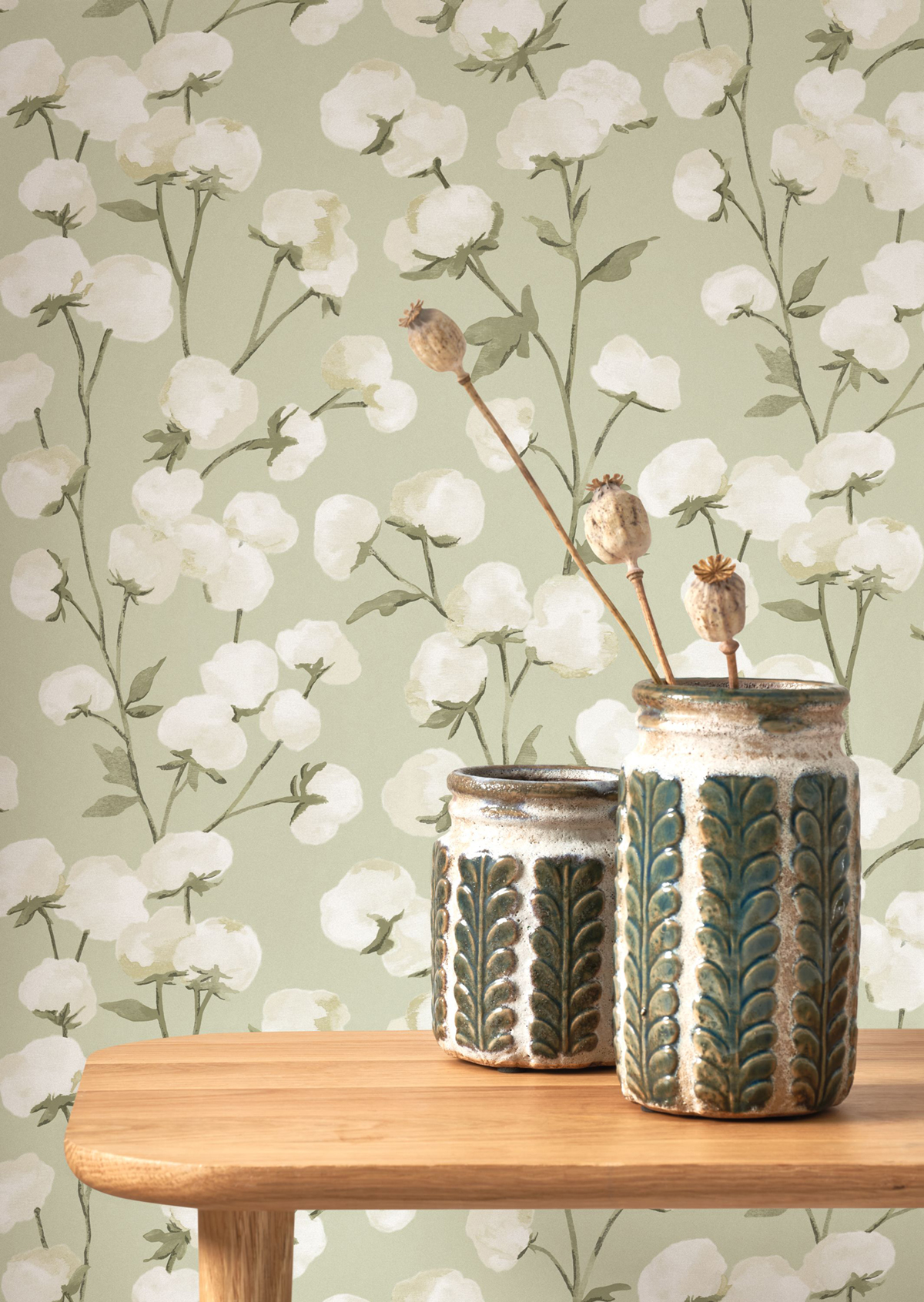 Papier peint Fleur de Coton vert amande - Soliflore de Casadéco AMB2 | Réf. SOLI200297202