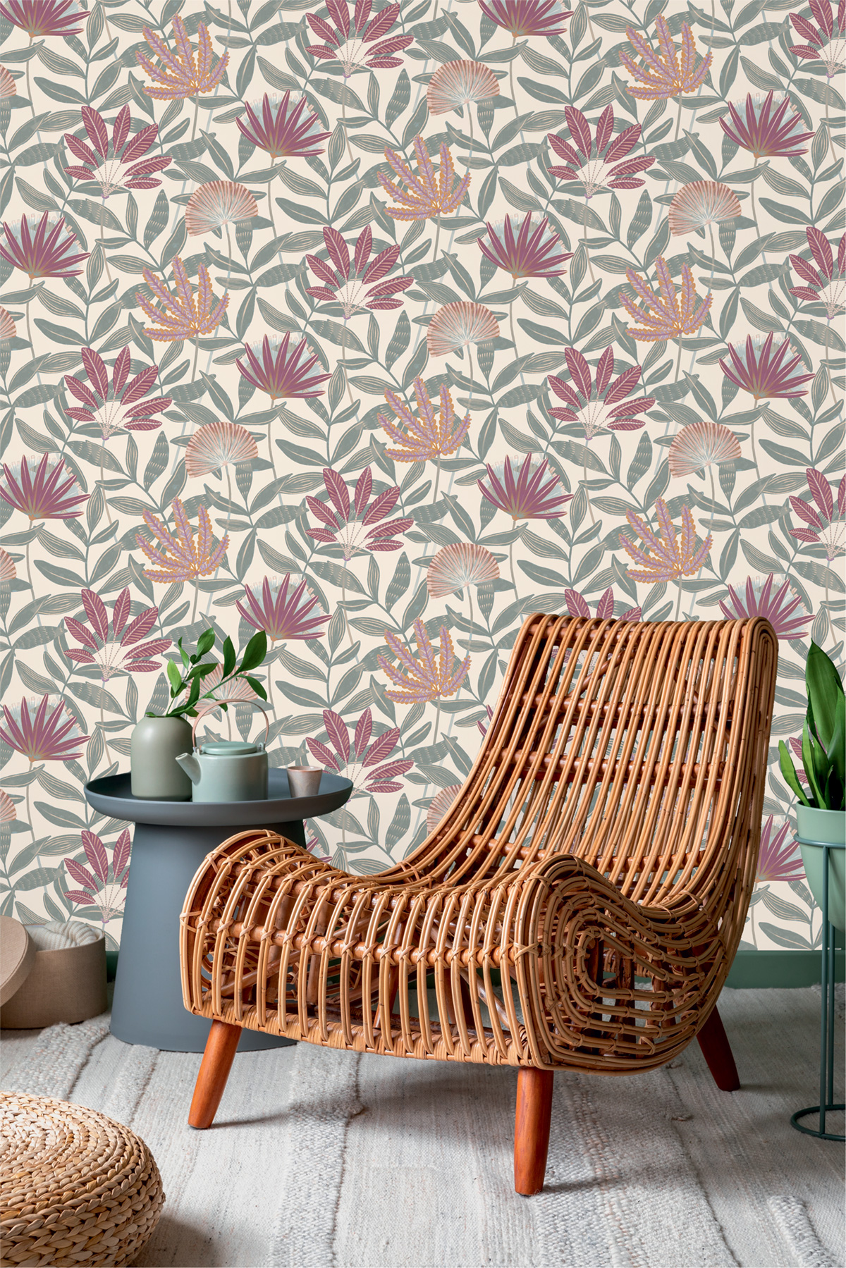 Papier peint Fleuri Capetown bleu gris rose - Jardin d'Eden de Lutèce | Réf. LTC-51251303