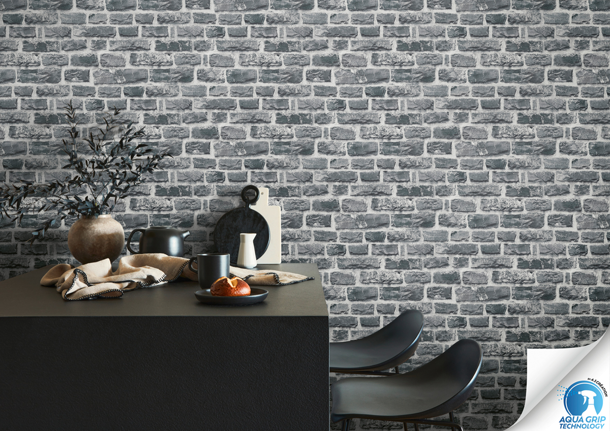 Papier peint préencollé Pierre Briquettes anthracite - Designdrop d'A.S. Création AMB2 | Réf. AS-784571