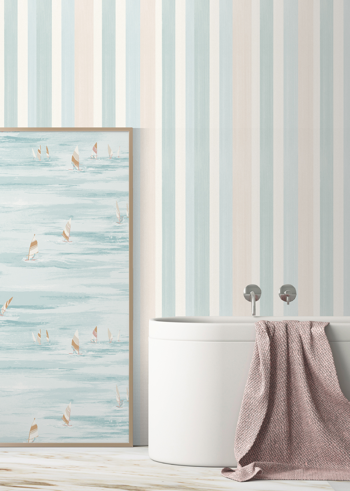 Papier peint Rayure Coup de Pinceau bleu beige turquoise - Cuisines & Bains de Lutèce | Réf. LTC-51231101