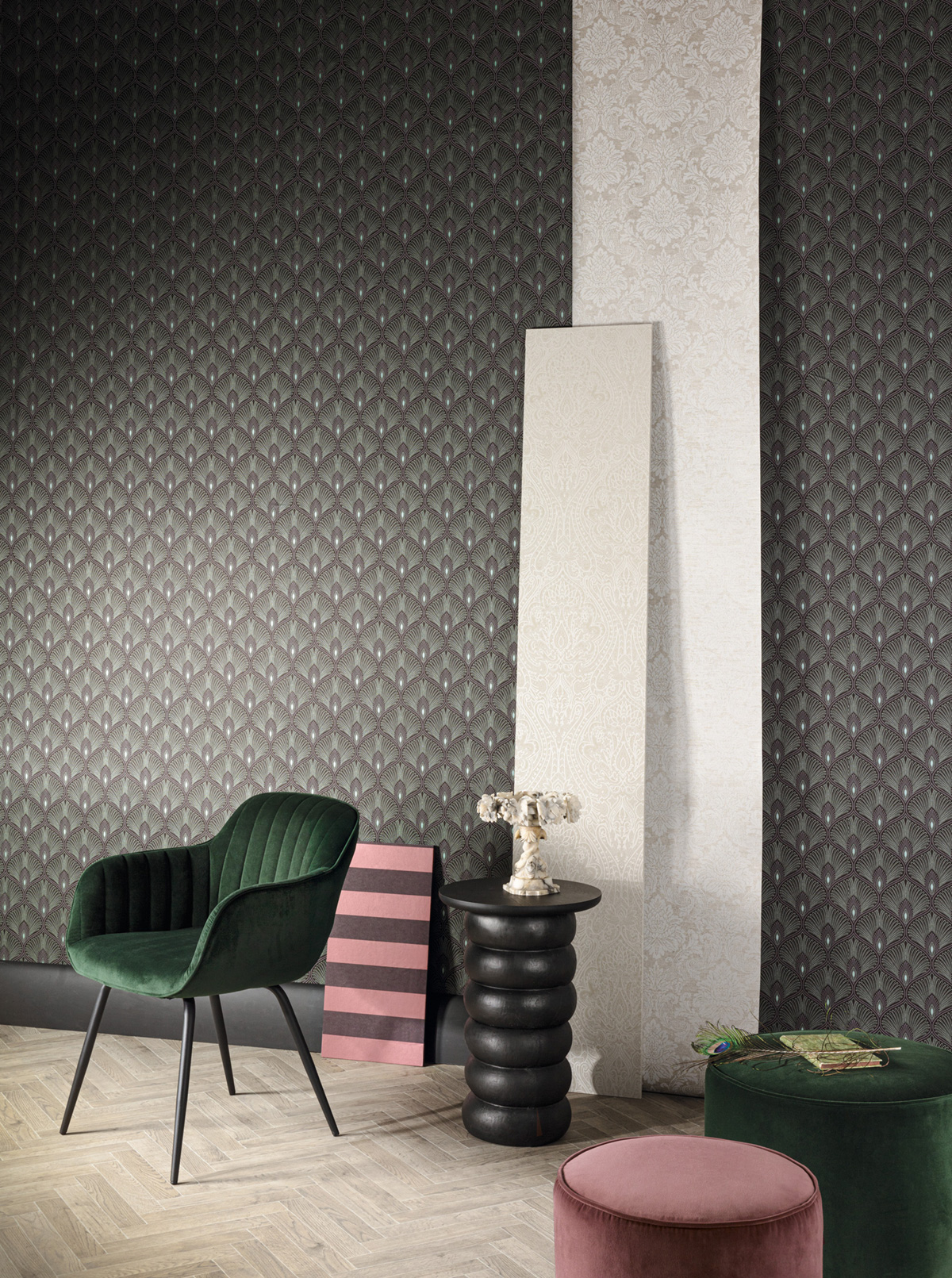 Papier peint Art Déco Diamant noir vert métallisé - Othello de Masureel | Réf. MAS-OTH203