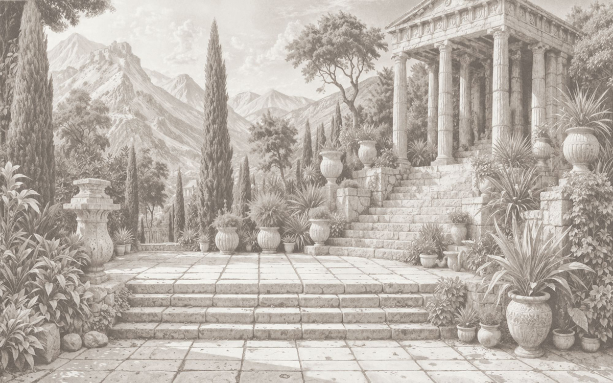 Papier peint panoramique Temple Paysage beige - Seasons de Komar