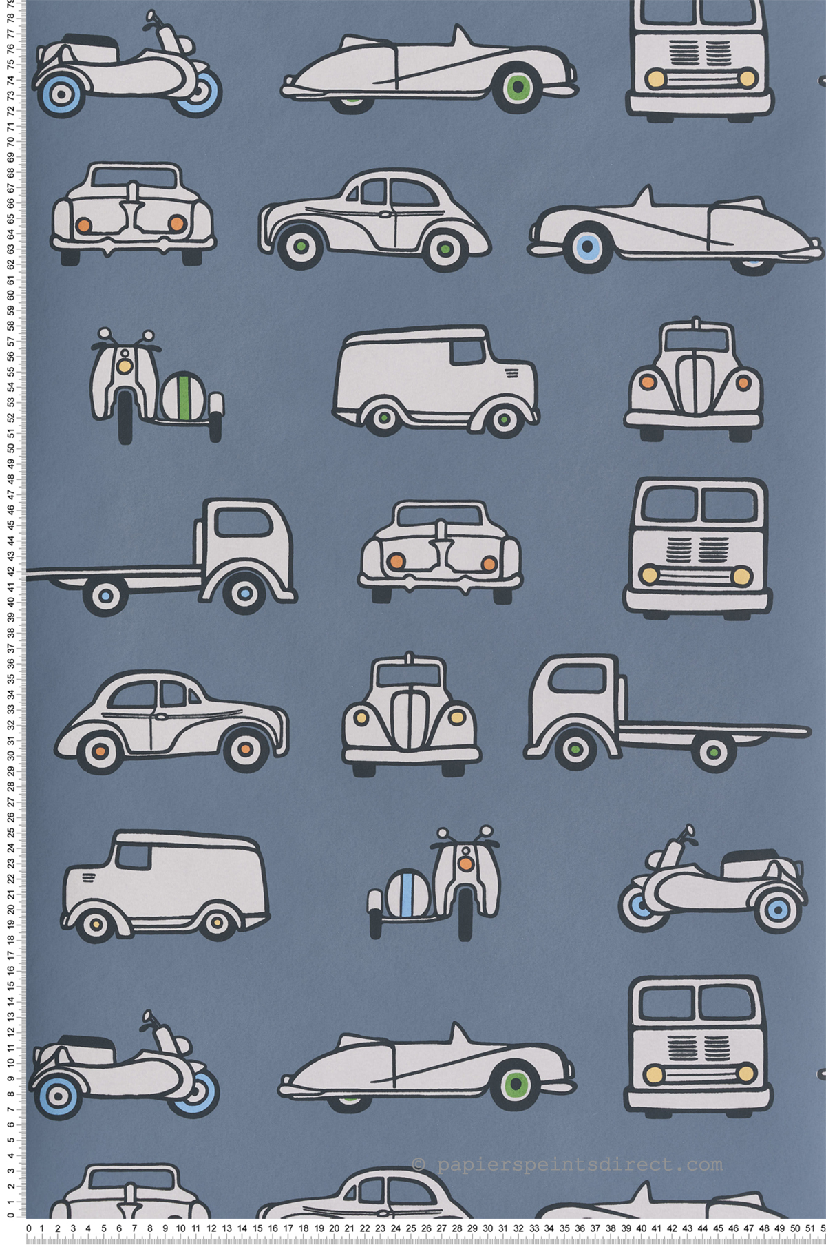 Papier peint Voiture Vintage Road Trip Juniper Ash - Storybook Papers de Little Greene | Réf. 0231RTJUNIP