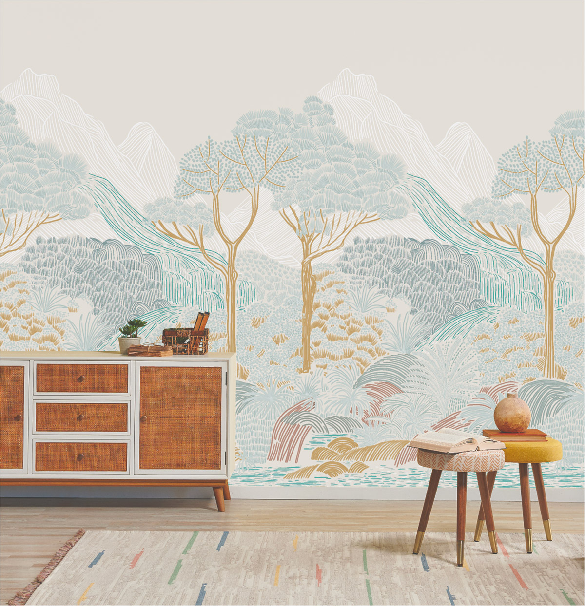 Papier peint Panoramique Paysage bleu beige - Jardin d'Eden de Lutèce | Réf. LTC-51248201