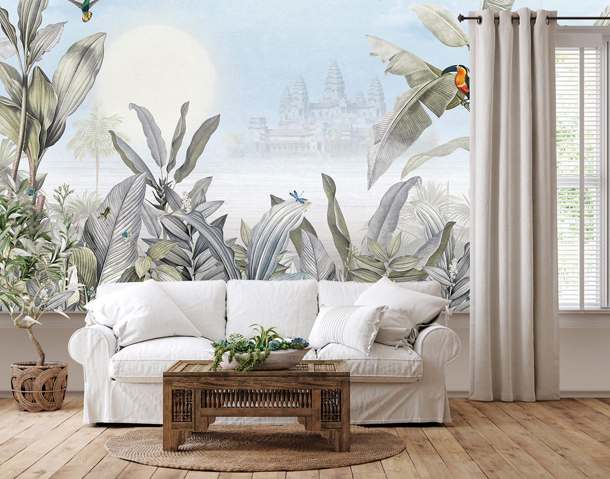 Papier peint panoramique Tropical Angkor bleu - Panorama 2 de Lutèce | Réf. LTC-PAN1472C