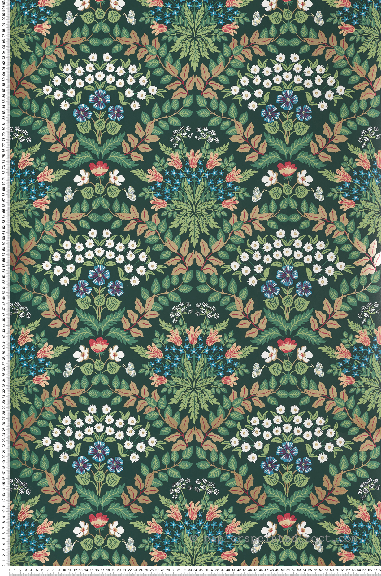 Papier peint Pensée et Fleur Sauvage vert sapin doré - Rifle Paper Co. 2 de York (Initiales) | Réf. INI-RP7322