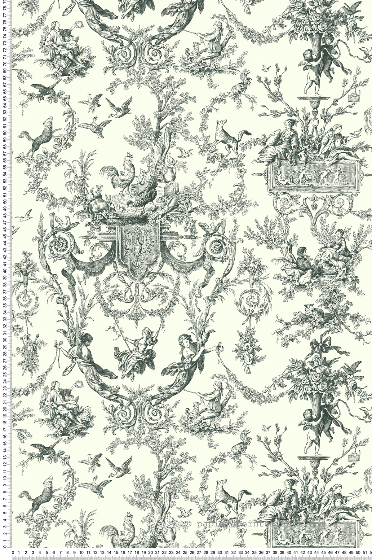 Papier peint Toile de Jouy Vieux Monde noir et blanc - Toiles de York (Initiales) | Réf. INI-AT4237